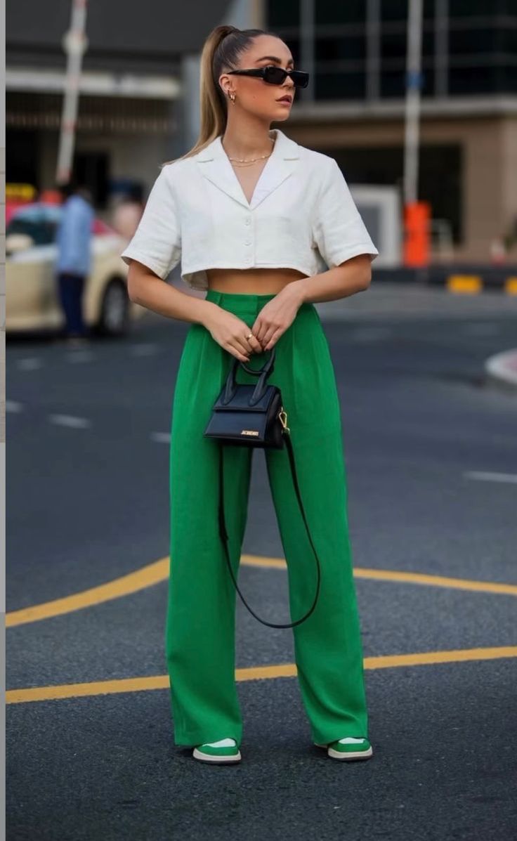 Green Pants with White Crop Top